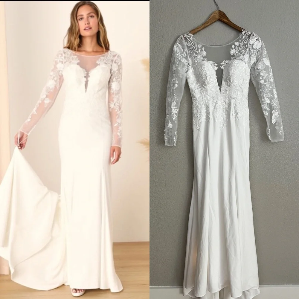 White lace mesh long sleeve mermaid maxi dress wedding gown